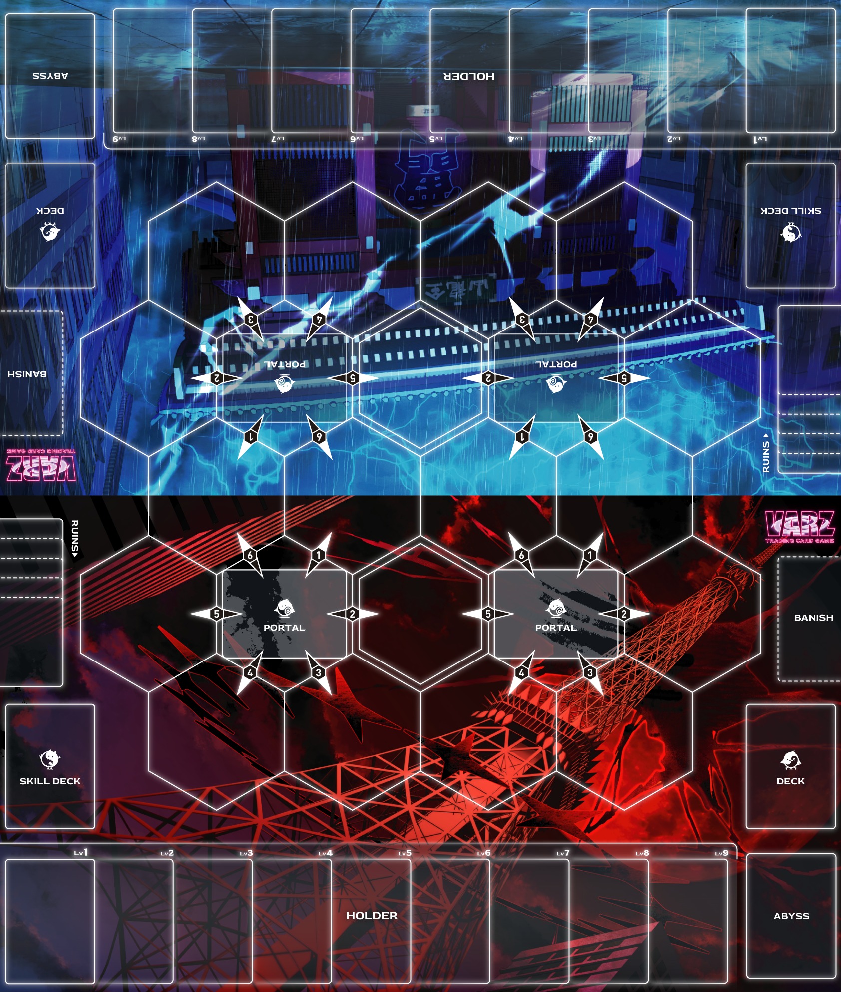 The VARZ playmat: two mirrored player sides, each a hex battlefield with Portal zones, a Hero level track, and deck areas.